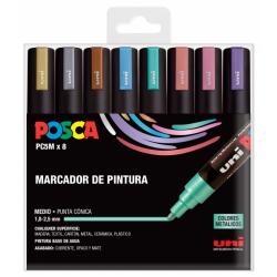 Posca PC-5M/8C Estuche de 8 Marcadores de Pintura - Punta de Bala 1.8-2.5mm - Tinta Base al Agua - Resistente a la Luz - No Perm