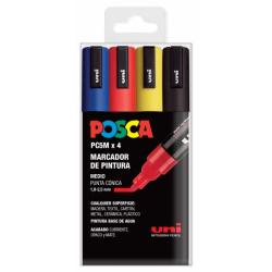 Posca PC-5M/4C Estuche de 4 Marcadores de Pintura - Punta de Bala 1.8-2.5mm - Tinta Base al Agua - No Permanente - Resistente a 