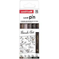 Uni-ball PIN Pack de 5 Rotuladores Calibrados Brush Art - Punta Poliacetal - Tinta Pigmentada Resistente al Agua y a la Luz - Co