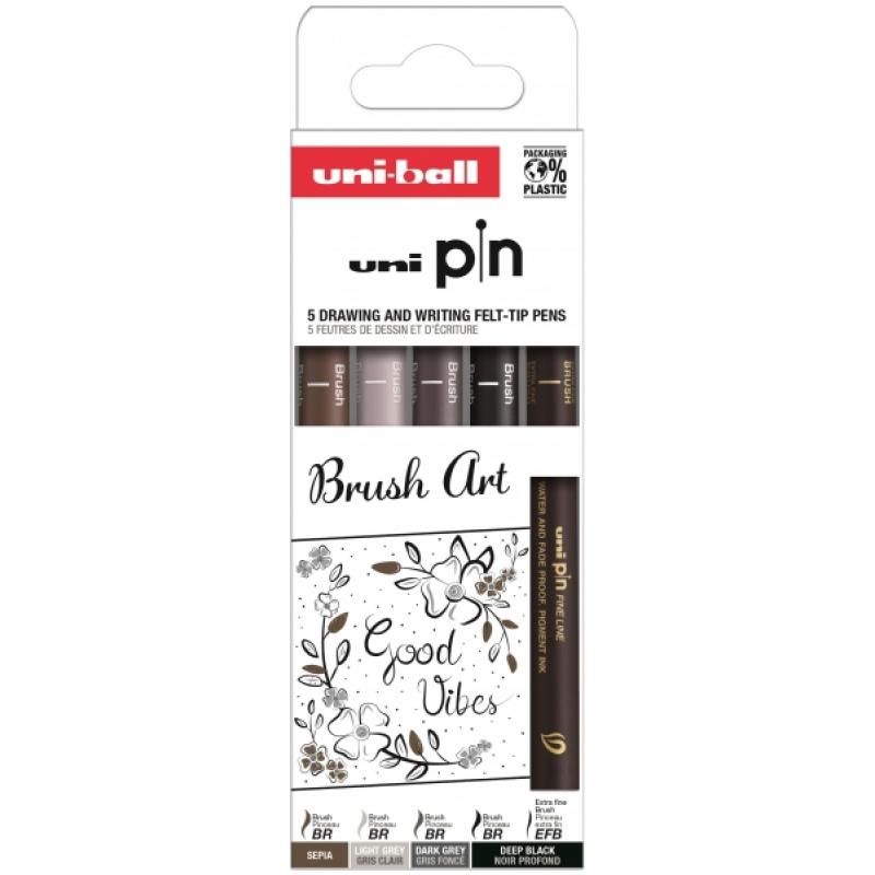 Uni-ball PIN Pack de 5 Rotuladores Calibrados Brush Art - Punta Poliacetal - Tinta Pigmentada Resistente al Agua y a la Luz - Co