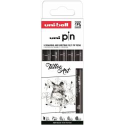 Uni-ball PIN Pack de 5 Rotuladores Calibrados - Punta Poliacetal - Tinta Pigmentada Resistente al Agua y Luz - Color Negro