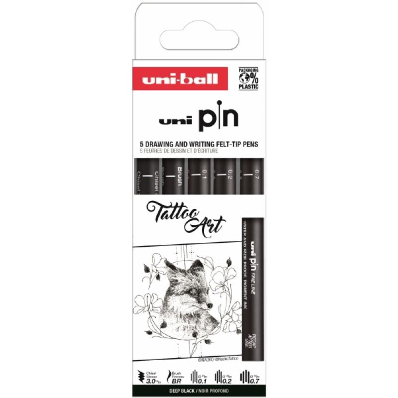 Uni-ball PIN Pack de 5 Rotuladores Calibrados - Punta Poliacetal - Tinta Pigmentada Resistente al Agua y Luz - Color Negro