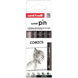 Uni-ball PIN Pack de 5 Rotuladores Calibrados Comics - Punta Poliacetal - Tinta Pigmentada Resistente al Agua y Luz - Color Surt