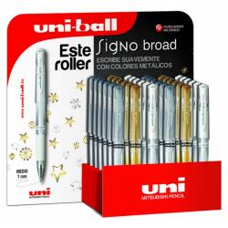 Uni-ball Signo Broad UM-153 Expositor de 36 Rollers de Tinta Gel - Punta de Bola 1mm - Trazo Estilografico - Sujecion de Caucho 