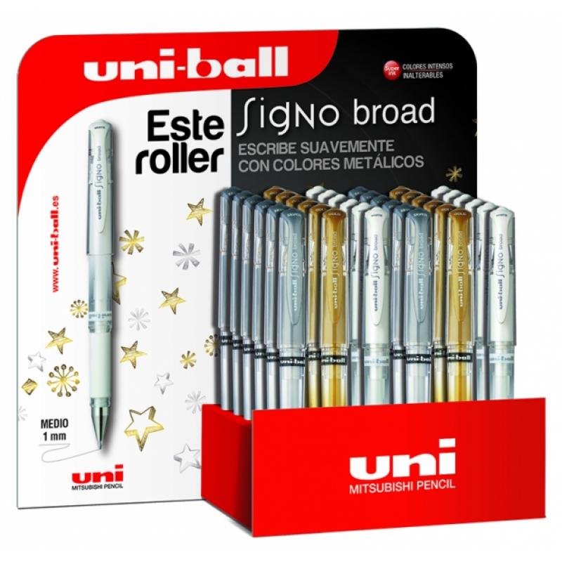 Uni-ball Signo Broad UM-153 Expositor de 36 Rollers de Tinta Gel - Punta de Bola 1mm - Trazo Estilografico - Sujecion de Caucho 