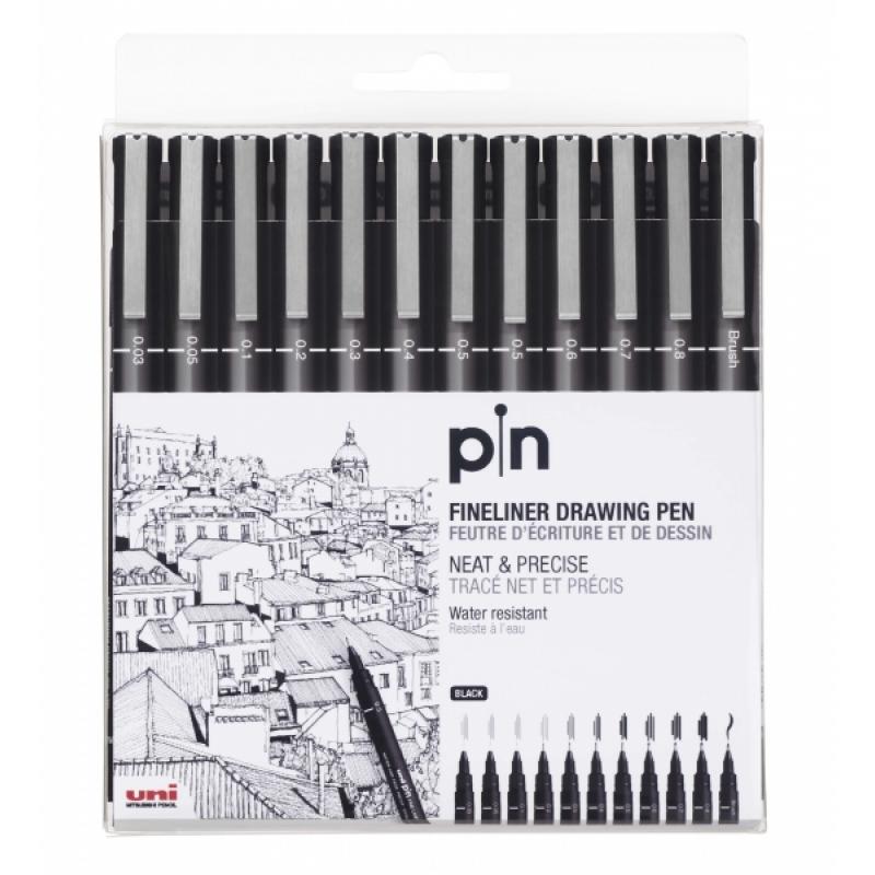 Uni-ball PIN-200(S) Pack de 12 Rotuladores Calibrados - Punta Poliacetal - Tinta Pigmentada Resistente al Agua y Luz - Color Neg