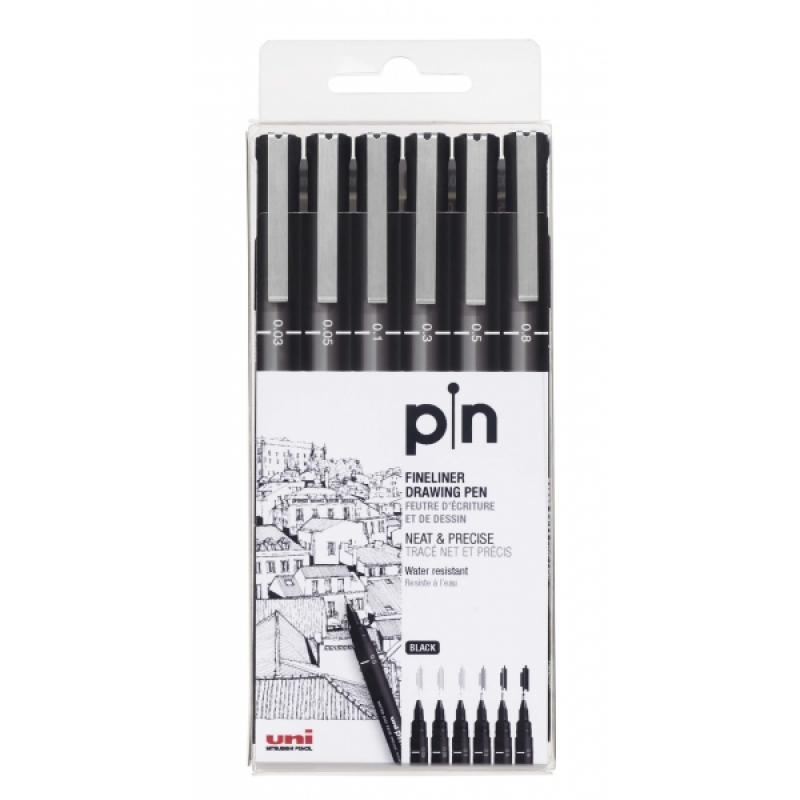 Uni-ball PIN-200(S) Pack de 6 Rotuladores Calibrados - Punta Poliacetal - Tinta Pigmentada Resistente al Agua y Luz - Ideal para