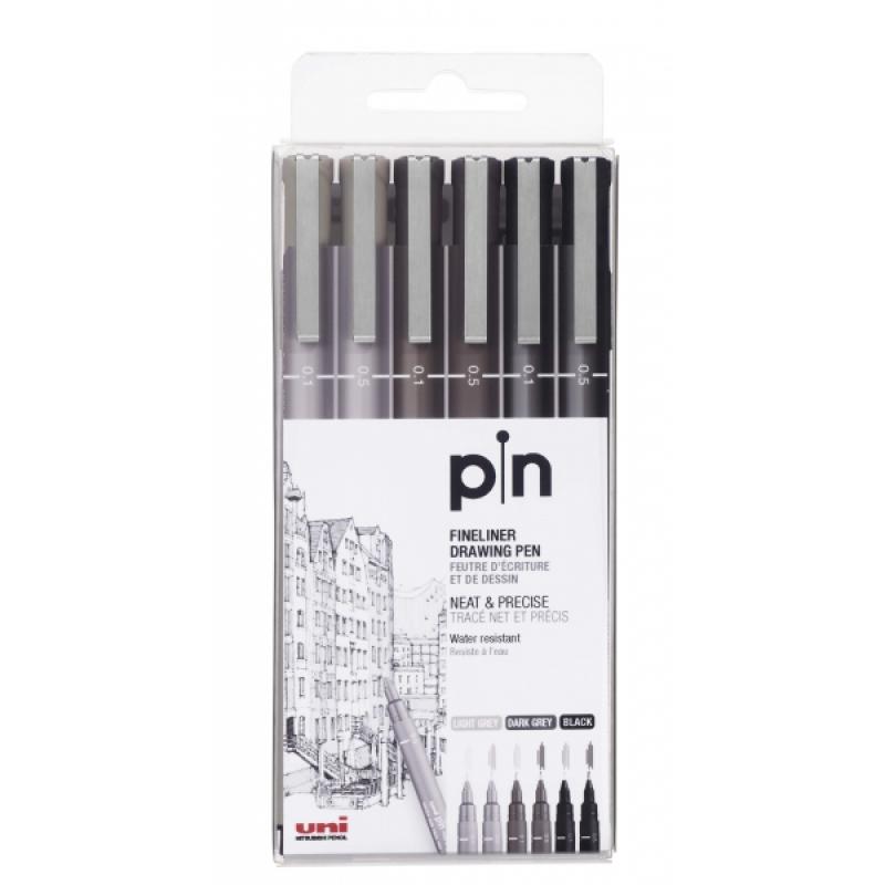 Uni-ball PIN-200(S) Pack de 6 Rotuladores Calibrados - Punta Poliacetal - Tinta Pigmentada Resistente al Agua y Luz - Ideal para