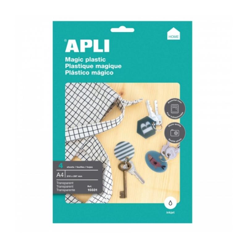 Apli Pack de 4 Hojas de Plastico Magico Imprimible - Apto para Impresoras Inkjet - Transforma Diseños en 3D - Ideal para Colgant