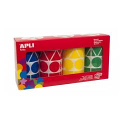 Apli Pack de 4 Rollos de Gomets Adhesivo Permanente - Formas Geometricas - Ideal para Guarderias - Desarrollo Psicomotor - Alta 