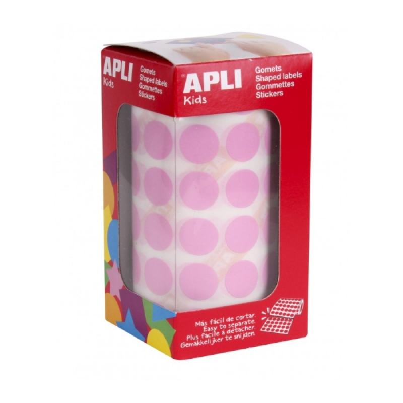 Apli Rollo de Gomets Redondos Adhesivo Permanente - 2.832 Gomets - Adhesivo Base Agua - Libre de Disolventes - Color Rosa