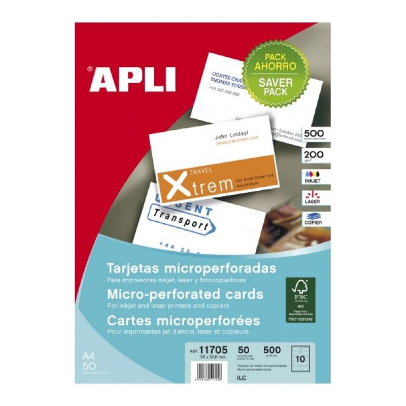 Apli Tarjetas de Visita Blancas Microperforadas - Acabado Mate - Cartulina 200gr - Compatible con Impresoras Inkjet y Laser - 10