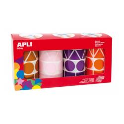 Apli Pack de 4 Rollos de Gomets Adhesivo Permanente - Formas Variadas - Fomenta Psicomotricidad y Creatividad - Adhesivo Base Ag