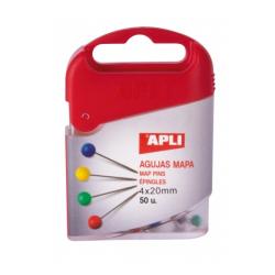 Apli Caja de 50 Agujas de Mapa - Cabeza de Plastico - Punta Metalica - Ideal para Mapas, Corcho y Manualidades - Colores Surtido