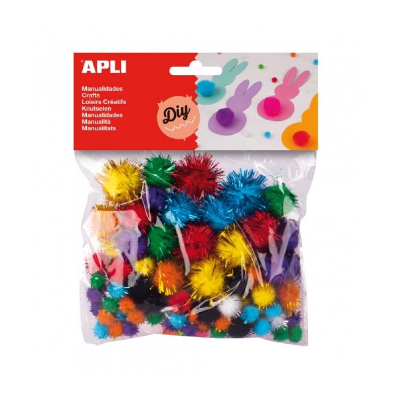 Apli Pack de 78 Pompones Brillantes - Ideal para Manualidades y Decoraciones - Estimula la Creatividad Infantil - Colores Surtid