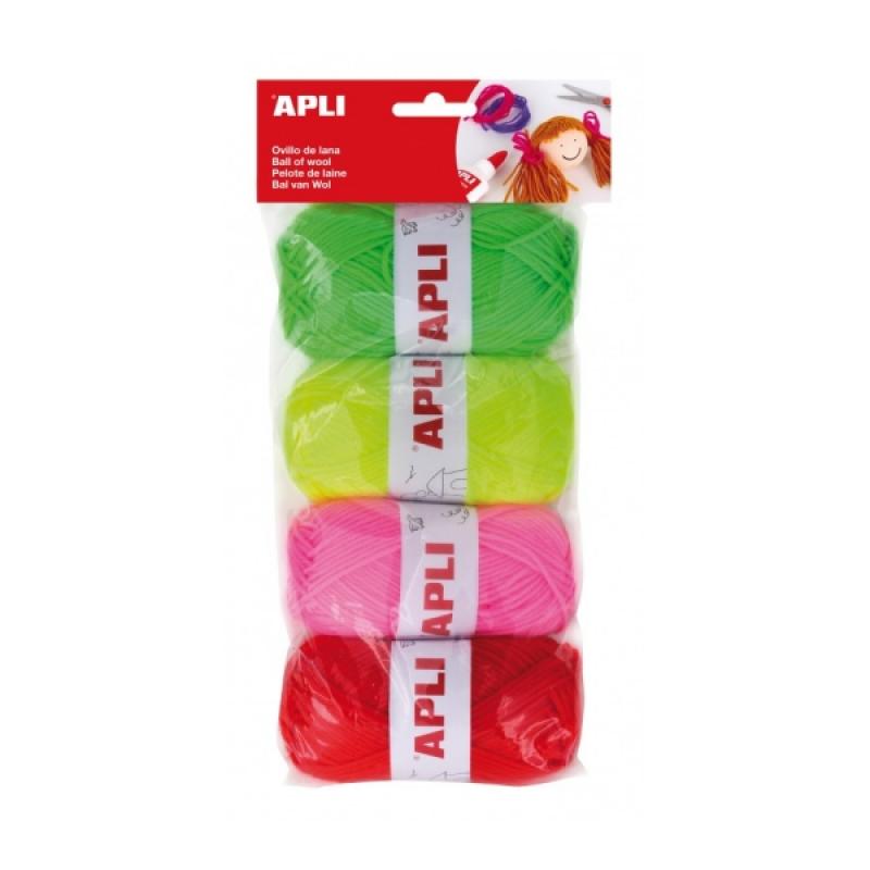 Apli Pack de 4 Ovillos de Lana Acrilica Fluor - Flexibles y Resistentes - Lavables a Maquina - Ideales para Manualidades y Tejid