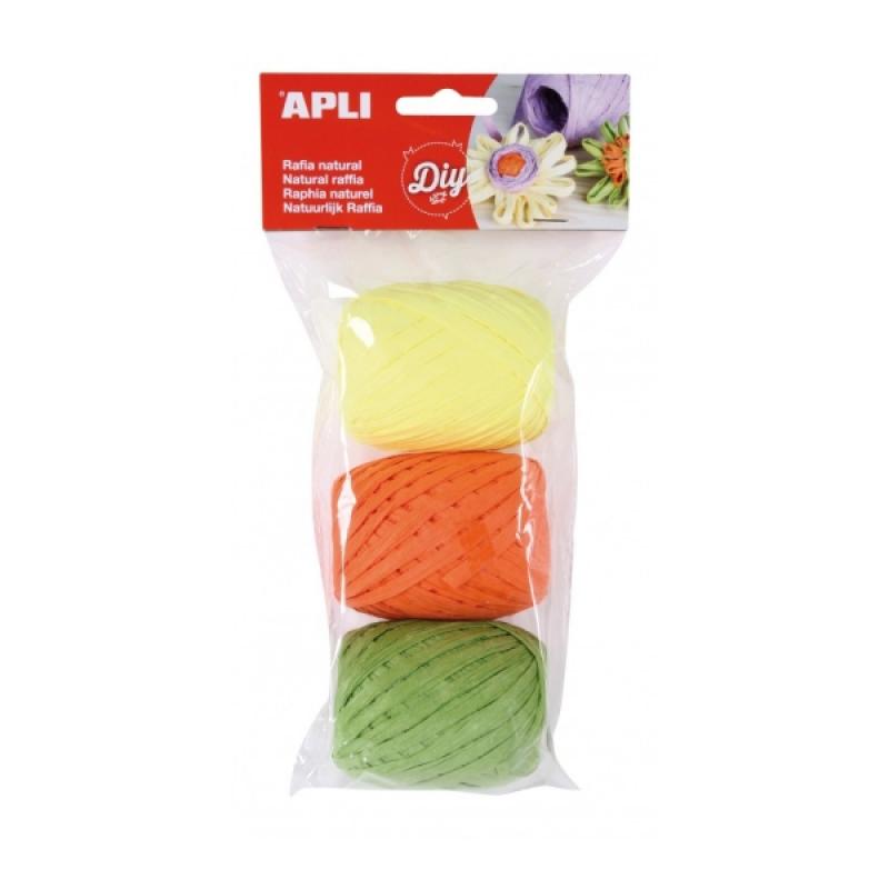 Apli Pack de 3 Ovillos de Rafia Natural Fluor - Ideal para Manualidades y Decoraciones - Versatil para Ramos, Velas, Tarjetas, B