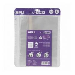 Apli Pack de 5 Fundas Transparentes de Polipropileno - Solapa Autoajustable - Facil Forrado en 3 Pasos - Sin Necesidad de Cortar