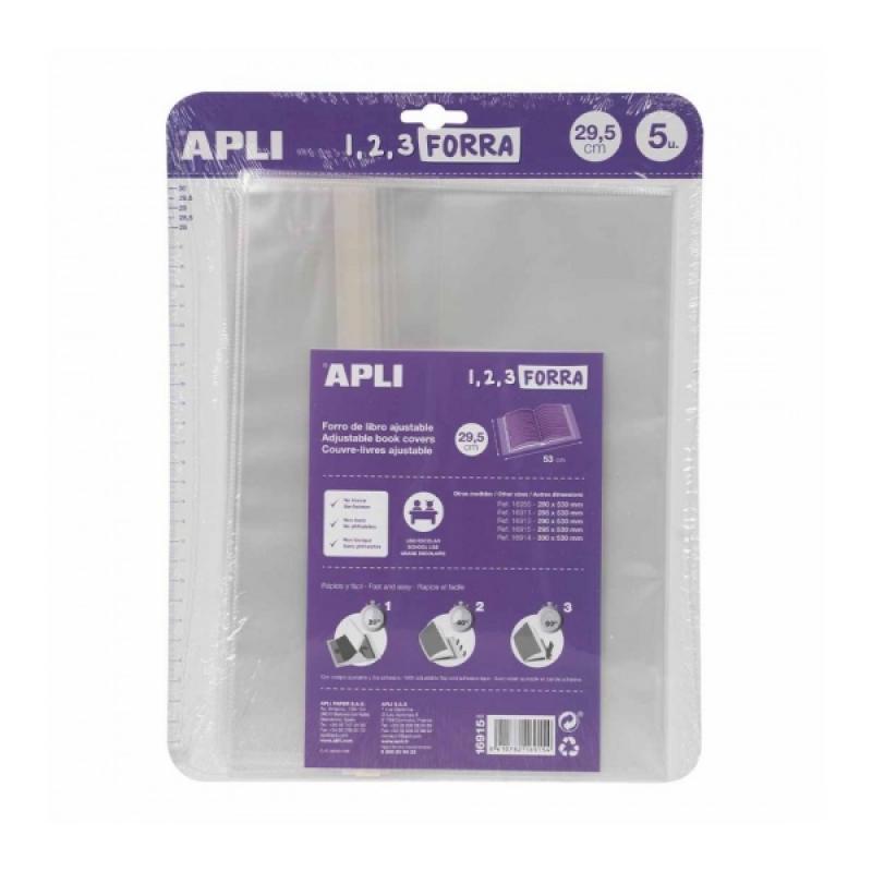 Apli Pack de 5 Fundas Transparentes de Polipropileno - Solapa Autoajustable - Facil Forrado en 3 Pasos - Sin Necesidad de Cortar