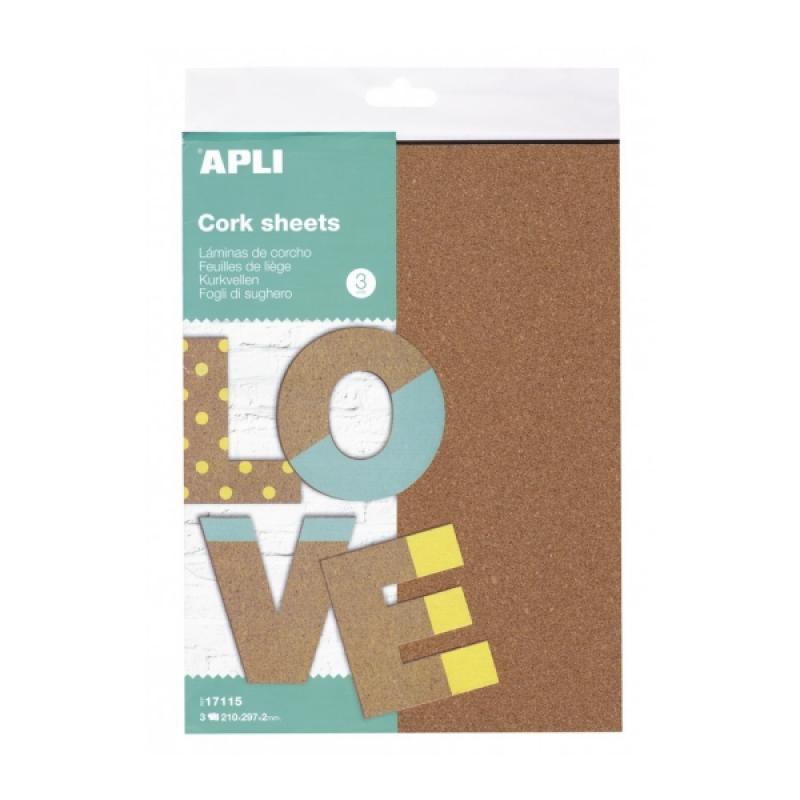 Apli Pack de 3 Hojas de Laminas de Corcho A4 - Natural y Ecologico - Facil de Cortar y Pintar - Ideal para Manualidades y Bricol