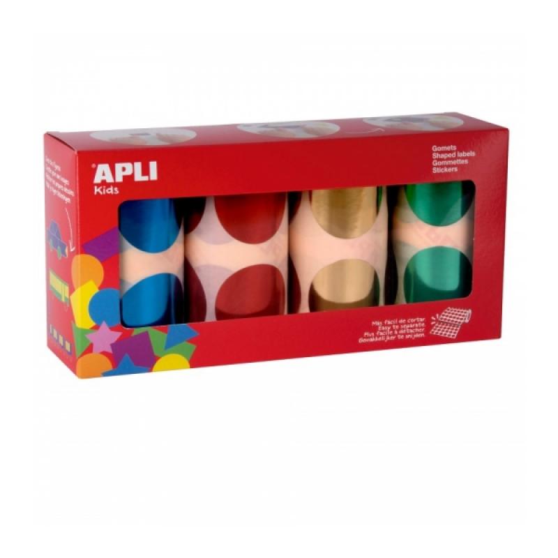 Apli Pack de 4 Rollos de Gomets Redondos Ø 45mm - Adhesivo Permanente - Hojas Pretroqueladas - Ideal para Guarderias - Adhesivo 