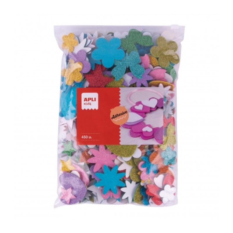 Apli Pack de 450 Formas de Goma EVA Adhesiva con Purpurina - Estrellas, Corazones, Flores y Mariposas - Grosor 2mm - Cierre Zip 