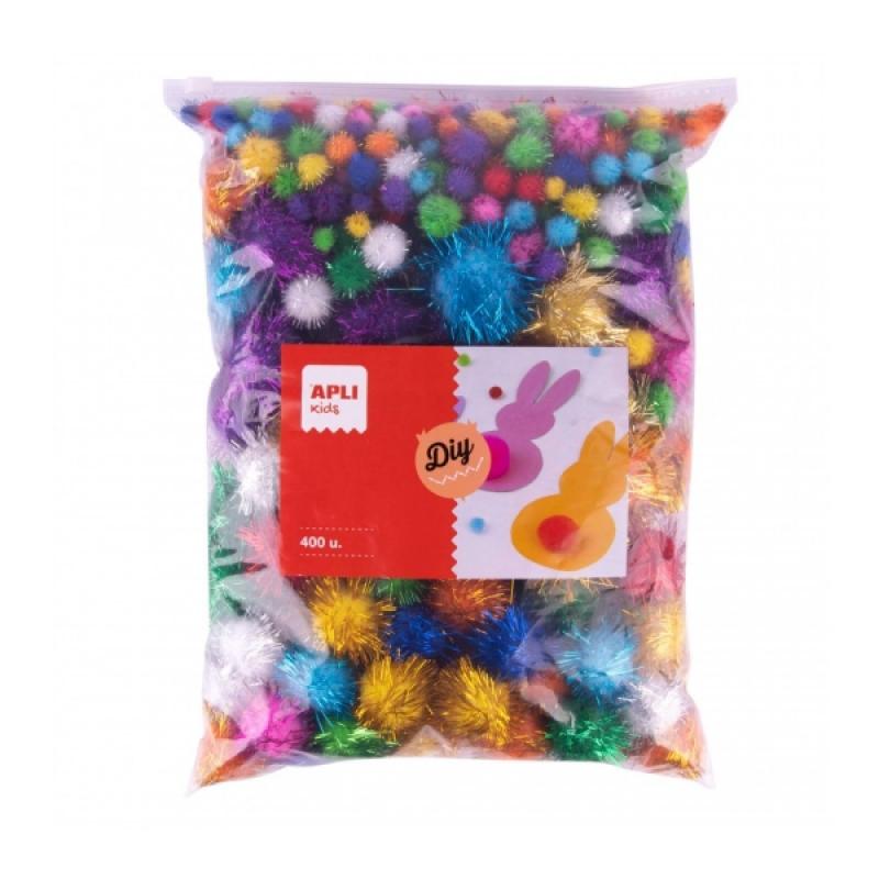 Apli Pack de 400 Pompones Brillantes - Formato Escolar - Cierre Zip Mejorado - Ideal para Manualidades y Decoraciones - Estimula