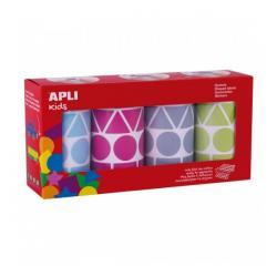 Apli Pack de 4 Rollos de Gomets Geometricos Surtidos - Formas Variadas - Faciles de Separar - Ideales para Guarderias - Alta Cal