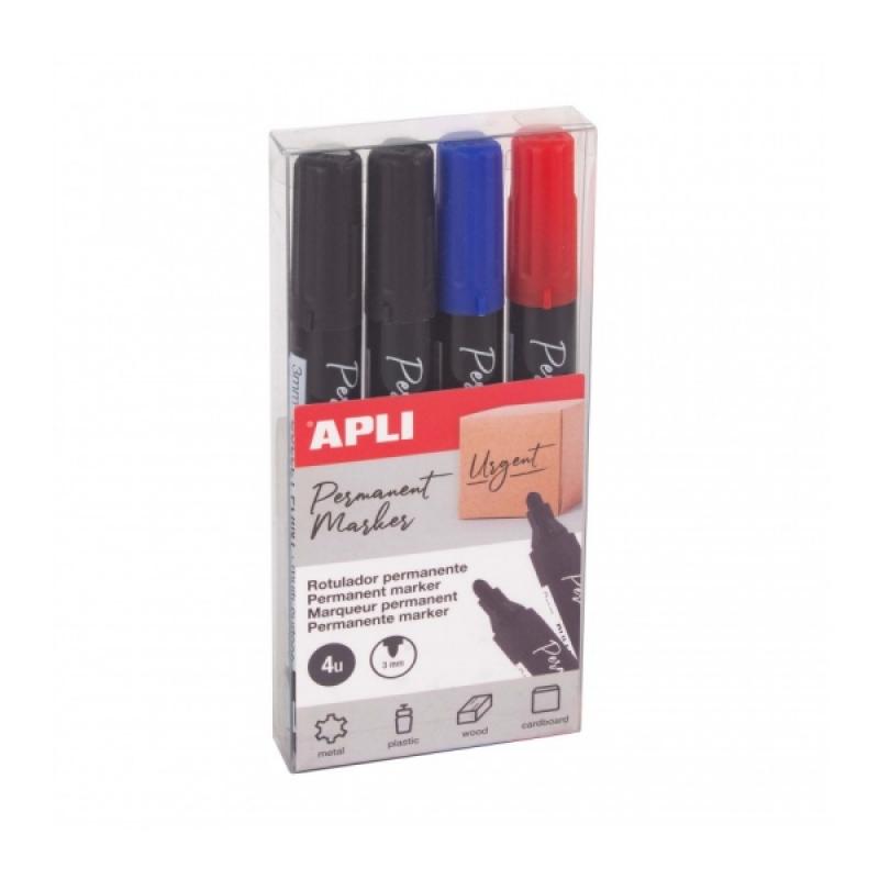 Apli Pack de 4 Rotuladores Permanentes Punta Redonda - Resistentes al Agua - Multifuncionales - para Metal, Plastico, Madera y C