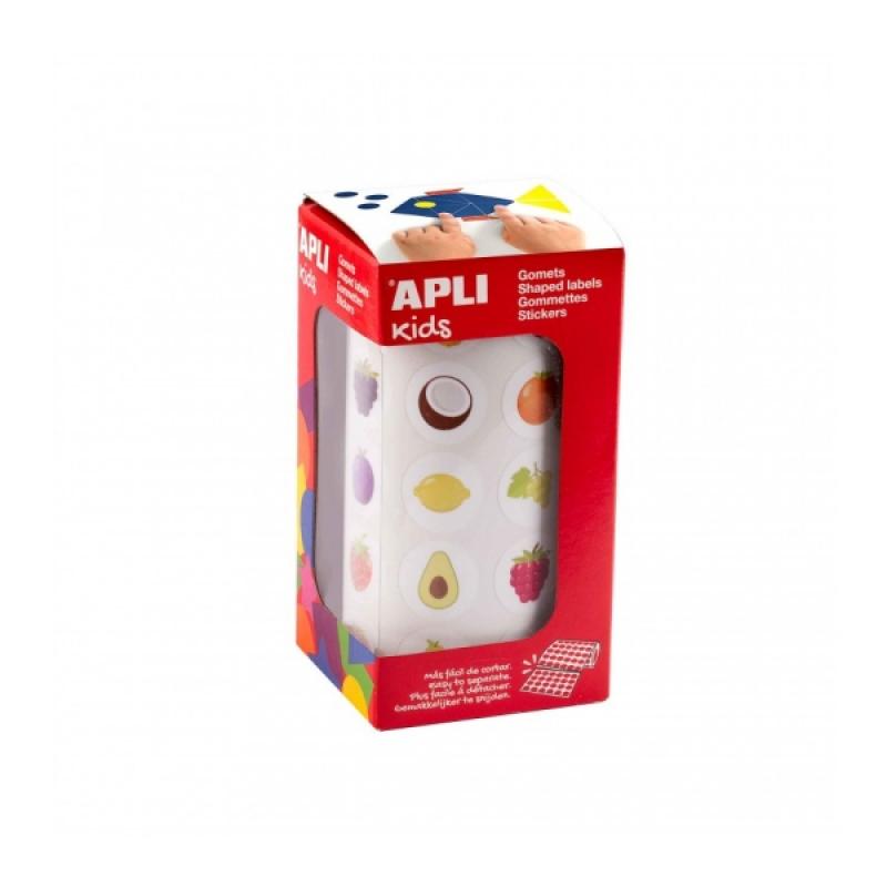 Apli Rollo de Gomets Frutas - Adhesivo Permanente - 900 Gomets - Formas Surtidas - Ideal para Guarderias - Desarrolla Psicomotri