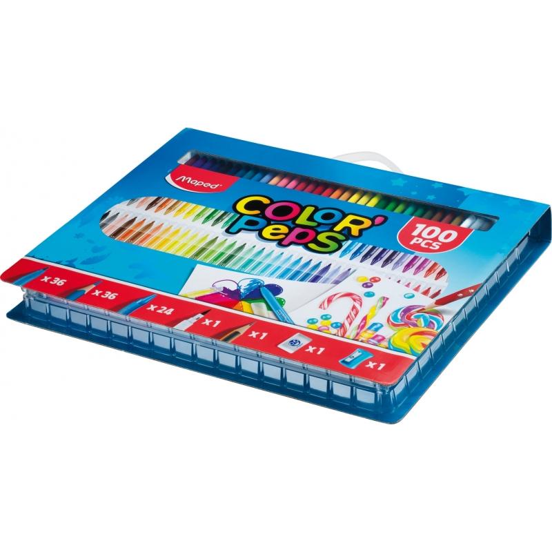 Maped Color`Peps Pack de 100 Piezas para Colorear - 36 Rotuladores, 36 Lapices, 24 Ceras, 1 Rotulador Punta Pincel, 1 Lapiz Graf