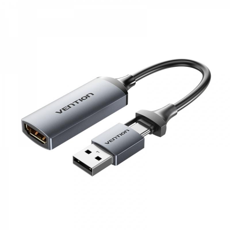 Vention Conversor HDMI Hembra a USB Macho y USB Tipo-C Macho 4K 60Hz - 10cm - Color Negro