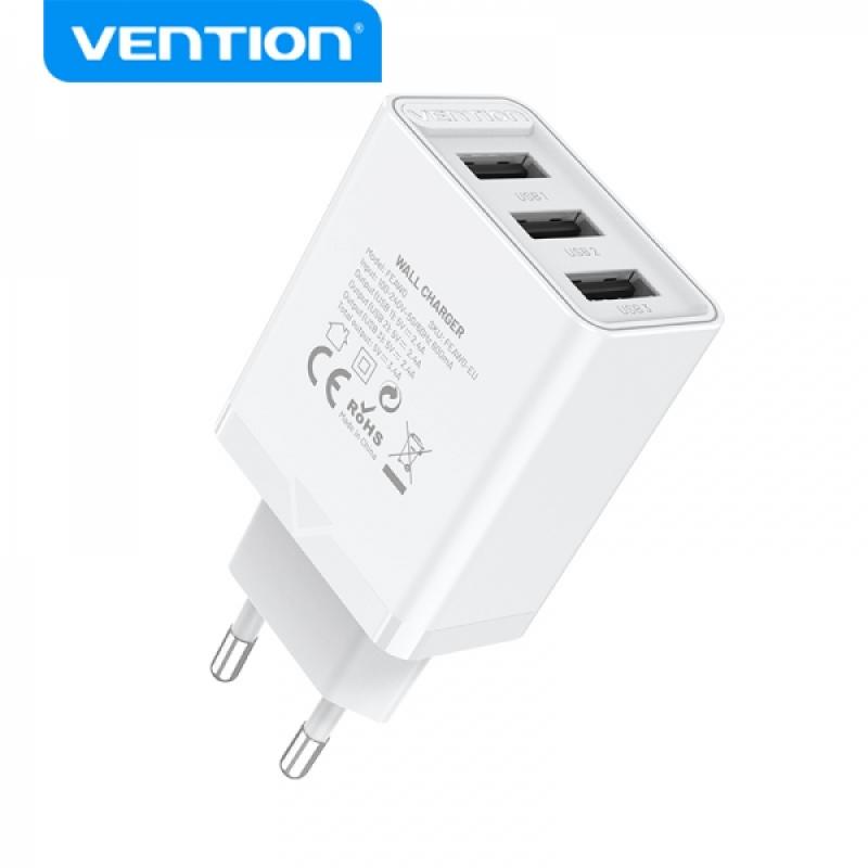 Vention Cargador de Pared USB-Ax3 2.4A 12Wx3 - Carga rapida - Color Blanco