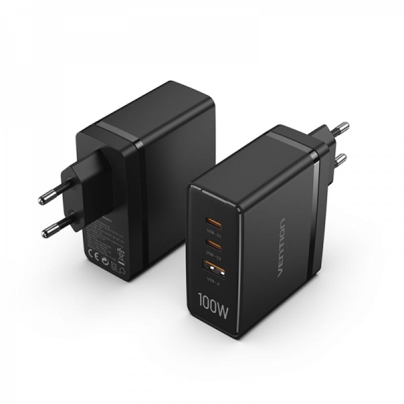 Vention Cargador GaN de Pared 2xUSB-C a 1xUSB 100W - Color Negro