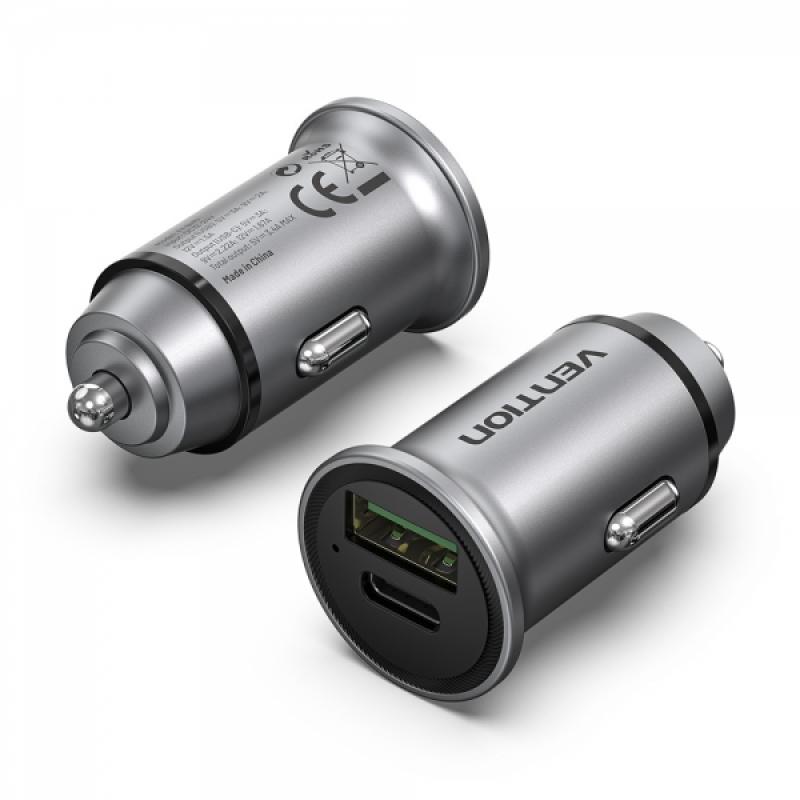 Vention Cargador de Coche 20W 2xUSB (A+C) QC4.0 3.4A - Diseño Mini - Aluminio Gris