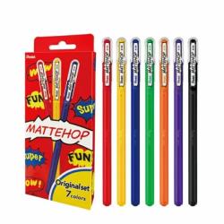 Pentel Mattehop Original Pack de 7 Boligrafos de Bola - Punta 1mm - Trazo 0.5mm - Tinta de Gel Opaca - Fabricado con 55% de Mate