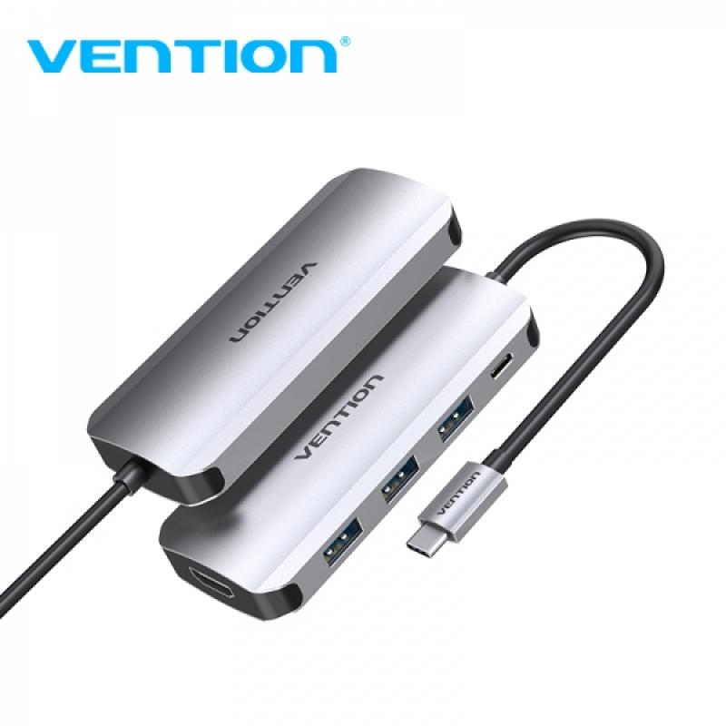 Vention Docking Station 5 en 1 USB-C a HDMI 4K/3xUSB3.0/PD - 0.15m - Color Gris Metalizado