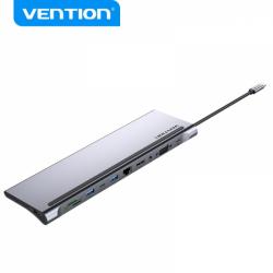 Vention Docking Station 11 en 1 USB-C a HDMI/VGA/USB-C/USB 3.0x2/USB2.0/RJ45/SD/TF/Audio Jack/PD100W - 0.25m - Color Gris Metali