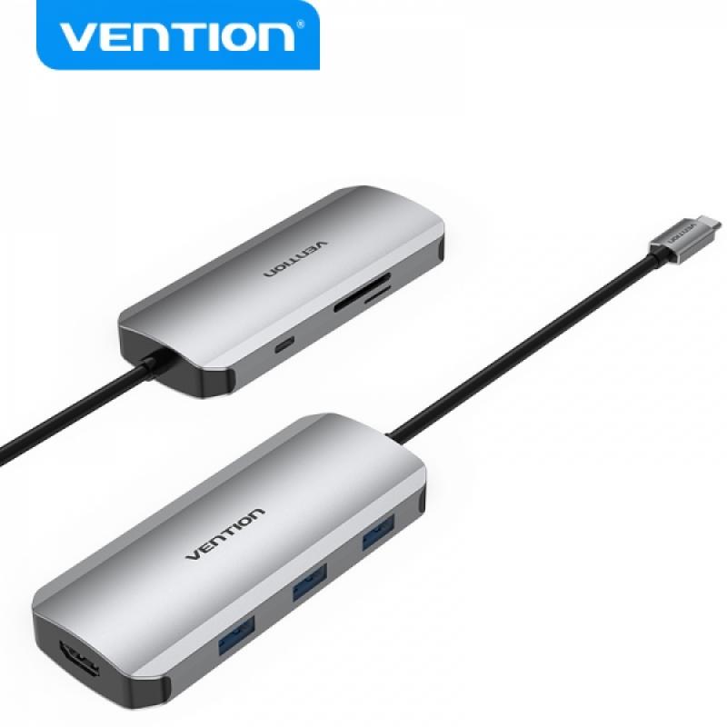 Vention Docking Station 7 en 1 USB-C a HDMI 4K/3xUSB3.0/SD/TF/PD100W - 0.15m - Color Gris