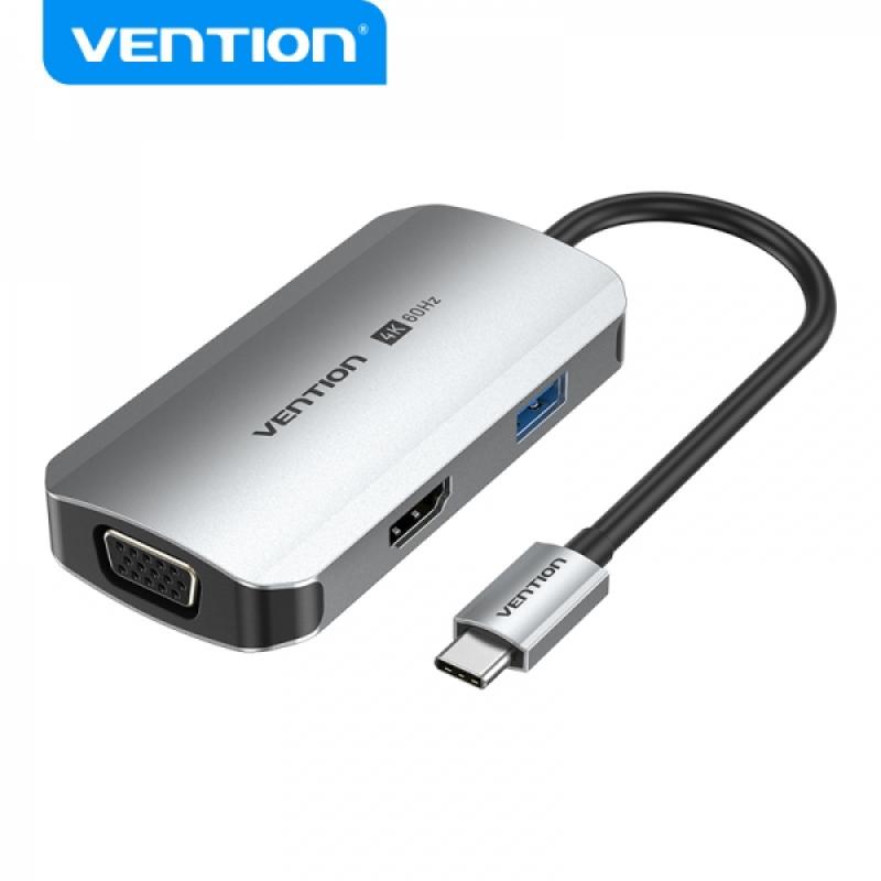 Vention Docking Station 4 en 1 USB-C a HDMI 4K/VGA/USB 3.0/PD - 0.15m - Aluminio Gris