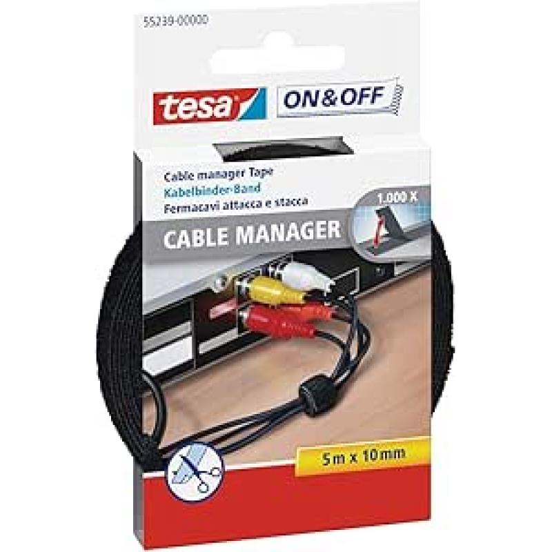 Tesa On & Off Cable Manager Pack de Tira de Velcro 5m x 10mm - Para Organizar Cables - Color Negro