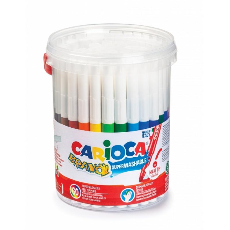 Carioca Bravo Pack de 60 Rotuladores - Cuerpo Octogonal Maxi - Tinta Superlavable - Punta Maxi 6mm Bloqueada - Tapa Ventilada - 