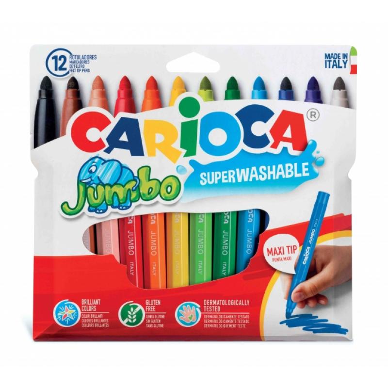 Carioca Jumbo Pack de 12 Rotuladores - Cuerpo Octogonal Maxi - Tinta Superlavable - Punta Maxi 6mm Bloqueada - Tapa Ventilada - 