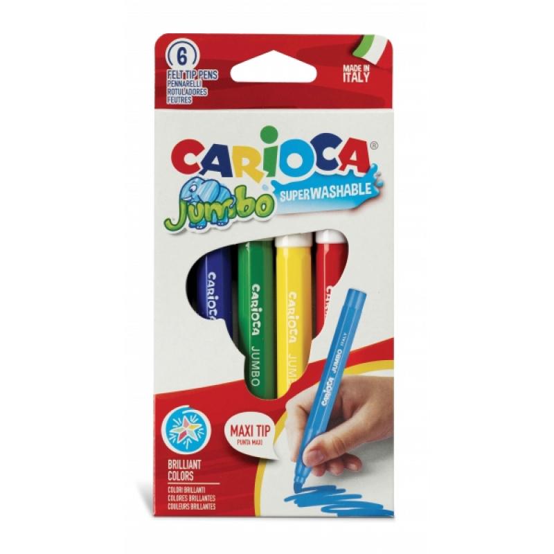 Carioca Pack de 6 Rotuladores Jumbo - Cuerpo Octogonal Maxi - Tinta Superlavable - Punta Maxi 6mm Bloqueada - Tapa Ventilada - C