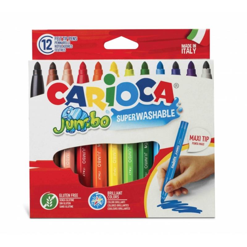 Carioca Jumbo Pack de 12 Rotuladores - Cuerpo Octogonal Maxi - Tinta Superlavable - Punta Maxi 6mm Bloqueada - Tapa Ventilada - 