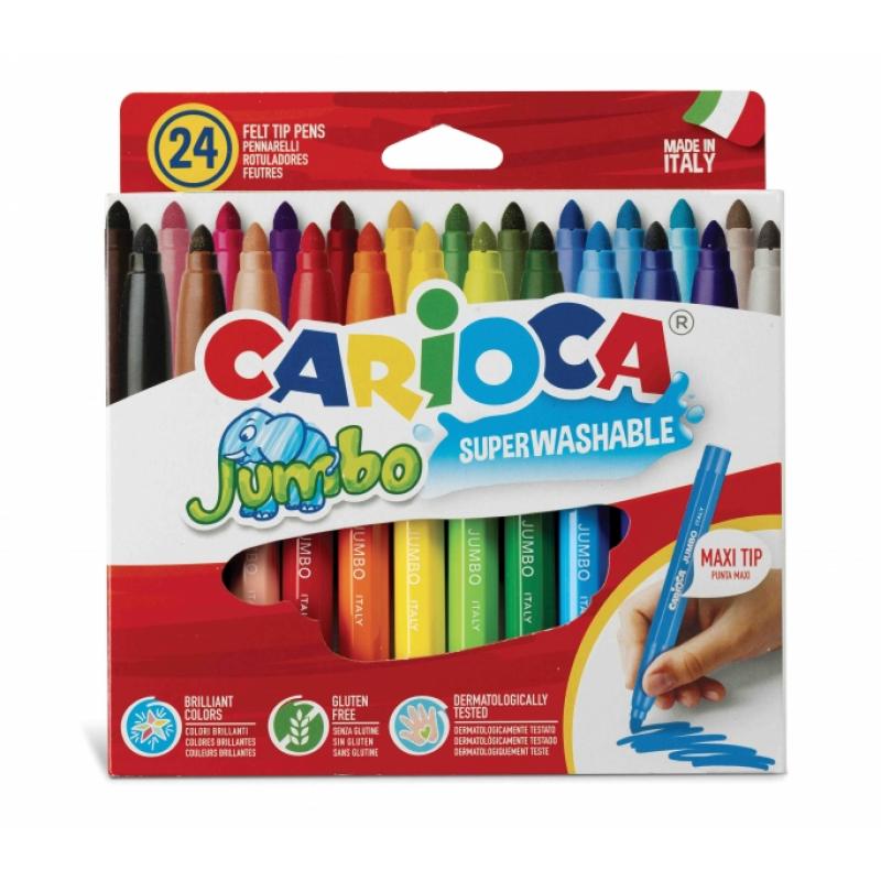 Carioca Jumbo Pack de 24 Rotuladores - Cuerpo Octogonal Maxi - Tinta Superlavable - Punta Maxi 6mm Bloqueada - Tapa Ventilada - 