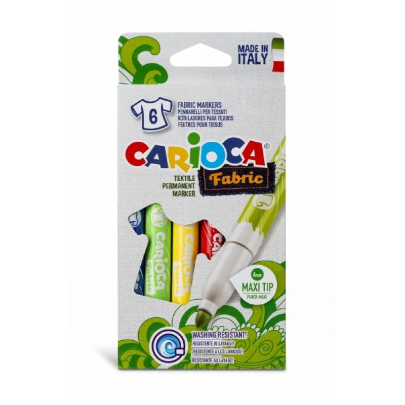 Carioca Fabric Pack de 6 Rotuladores para Tejidos - Punta Maxi Ø 6mm - Tinta Especial para Tejidos - Colores Indelebles Tras Apl