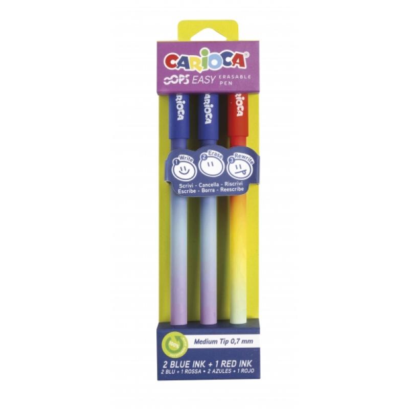 Carioca Oops Easy Pack de 3 Boligrafos Borrables - Tinta Termo Sensible - Cuerpo con Efecto Degradado - Punta de Ø 0.7mm - Doble