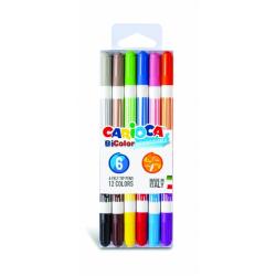 Carioca Bicolor Pack de 6 Rotuladores - Dos Colores por Rotulador - Tinta Superlavable - Punta Conica para Doble Trato de Escrit