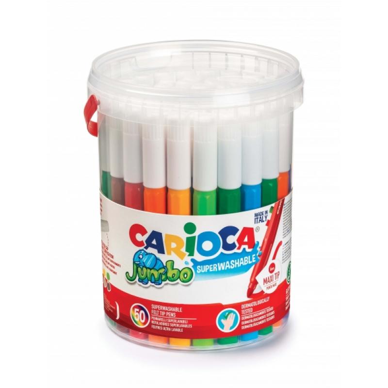 Carioca Jumbo Pack de 50 Rotuladores - Cuerpo Octogonal Maxi - Tinta Superlavable - Punta Maxi 6mm Bloqueada - Tapa Ventilada - 